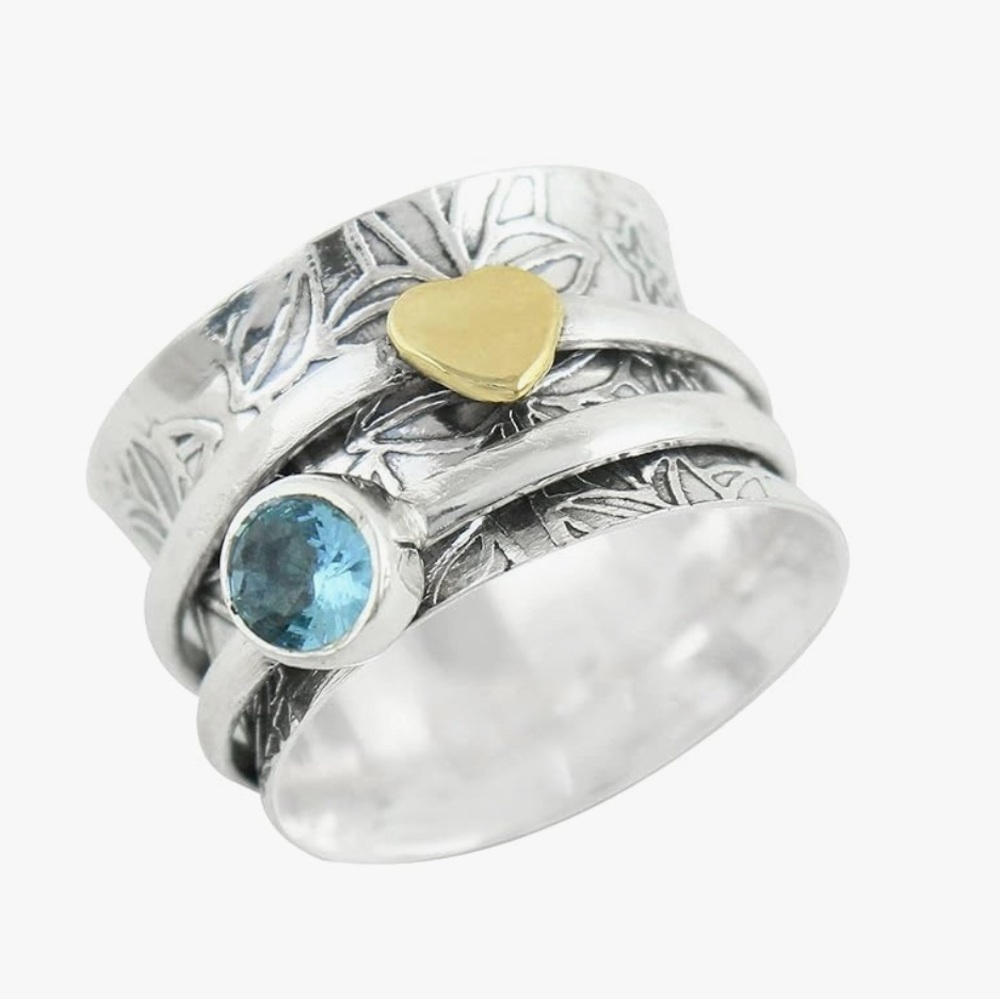 NWOT Sterling Silver and Gold Heart Ring with Blue Gemstone